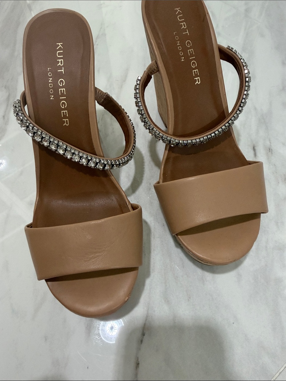 Kurt Geiger Tan Wedge Sandals with Crystal Straps - Picture 3 of 7